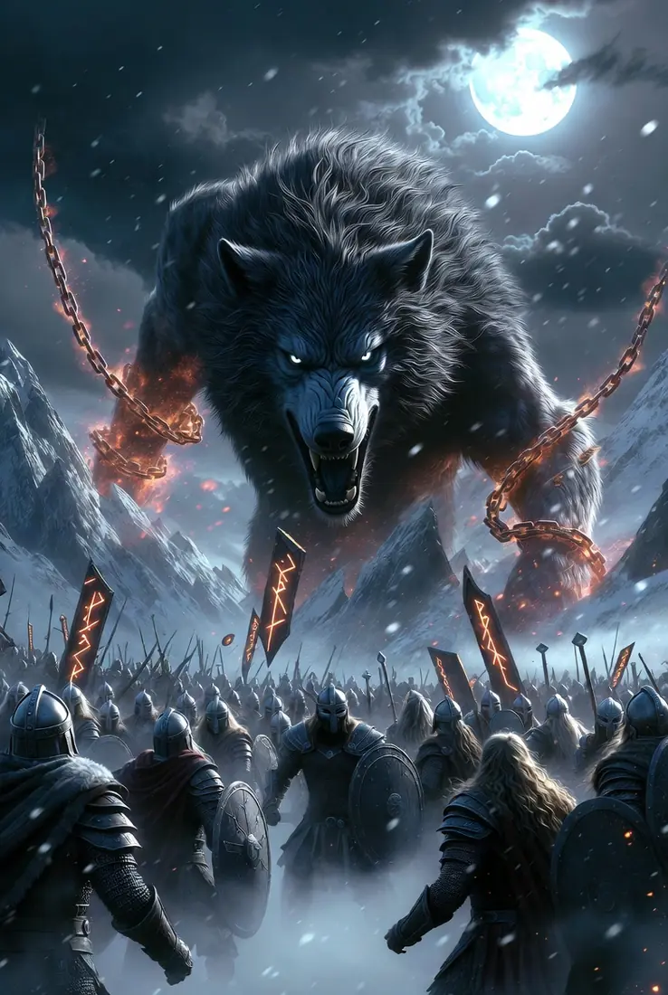 Fenrir as a towering chained wolf under the moon, matching the mythic Nordic visual world of Oath of the Iron King