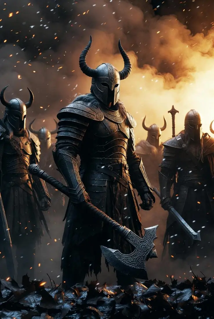 Horned Nordic warriors in smoke and snow, matching the Oath of the Iron King streaming artwork style