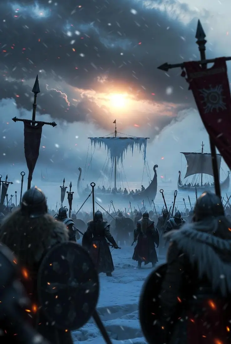 Viking longships arriving through snow and ember-lit mist, matching official Oath of the Iron King artwork style